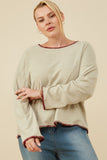 HY8921 Oatmeal Womens Brushed Contrast Stitch Long Sleeve Knit T Shirt Front