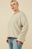 HY8921W Oatmeal Womens Brushed Contrast Stitch Long Sleeve Knit T Shirt Gif