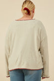 HY8921W Oatmeal Womens Brushed Contrast Stitch Long Sleeve Knit T Shirt Full Body