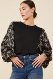 HY8935 Black Womens Bow Print Contrast Puff Sleeve Mix Media Top Front