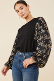 HY8935 Black Womens Bow Print Contrast Puff Sleeve Mix Media Top Full Body