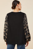 HY8935 Black Womens Bow Print Contrast Puff Sleeve Mix Media Top Side