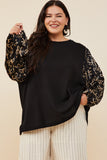 HY8935W Black Plus Bow Print Contrast Puff Sleeve Mix Media Top Front