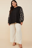 HY8935 Black Womens Bow Print Contrast Puff Sleeve Mix Media Top Back