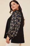 HY8935W Black Plus Bow Print Contrast Puff Sleeve Mix Media Top Gif