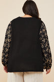 HY8935W Black Plus Bow Print Contrast Puff Sleeve Mix Media Top Full Body