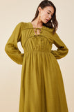 HY8944 Olive Womens Double Tie Detail Long Sleeve Dress Gif