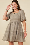 HY8952 Mocha Womens Square Neck Textured Knit Bubble Sleeve Dress Editorial