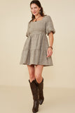 HY8952W Mocha Plus Square Neck Textured Knit Bubble Sleeve Dress Front