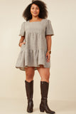 HY8952 Mocha Womens Square Neck Textured Knit Bubble Sleeve Dress Detail