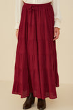 HY8958W Maroon Plus Textured Drawstring Waist Tiered Skirt Front