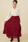 HY8958 Maroon Womens Textured Drawstring Waist Tiered Skirt Back