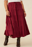 HY8958 Maroon Womens Textured Drawstring Waist Tiered Skirt Front