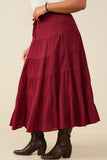 HY8958 Maroon Womens Textured Drawstring Waist Tiered Skirt Full Body