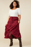 HY8958W Maroon Plus Textured Drawstring Waist Tiered Skirt Side