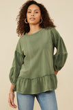 HY8967W Olive Plus Treatment Washed Puff Sleeve Ruffled Top Front