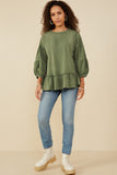 HY8967 Olive Womens Treatment Washed Puff Sleeve Ruffled Top Gif