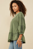 HY8967 Olive Womens Treatment Washed Puff Sleeve Ruffled Top Full Body