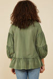 HY8967 Olive Womens Treatment Washed Puff Sleeve Ruffled Top Side