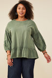 HY8967 Olive Womens Treatment Washed Puff Sleeve Ruffled Top Front