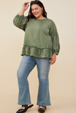 HY8967 Olive Womens Treatment Washed Puff Sleeve Ruffled Top Back