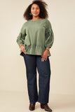 HY8967 Olive Womens Treatment Washed Puff Sleeve Ruffled Top Back