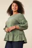 HY8967W Olive Plus Treatment Washed Puff Sleeve Ruffled Top Gif