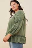 HY8967W Olive Plus Treatment Washed Puff Sleeve Ruffled Top Gif