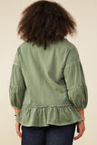 HY8967W Olive Plus Treatment Washed Puff Sleeve Ruffled Top Full Body