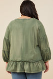 HY8967W Olive Plus Treatment Washed Puff Sleeve Ruffled Top Full Body