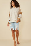 HY8999 Taupe Womens Stripe And Color Block Sleeve Detail Knit Top Gif