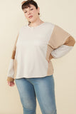 HY8999W Taupe Plus Stripe And Color Block Sleeve Detail Knit Top Front