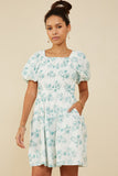 HY9034W Jade Plus Textured Floral Puff Sleeve Self Tie Dress Pose