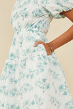 HY9034 Jade Womens Textured Floral Puff Sleeve Self Tie Dress Full Body