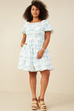 HY9034 Jade Womens Textured Floral Puff Sleeve Self Tie Dress Back