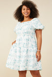 HY9034W Jade Plus Textured Floral Puff Sleeve Self Tie Dress Side