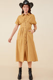 HY9055 Camel Womens Pintucked Waist Button Up Corduroy Dress Full Body