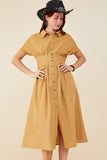 HY9055 Camel Womens Pintucked Waist Button Up Corduroy Dress Gif