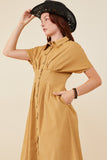 HY9055 Camel Womens Pintucked Waist Button Up Corduroy Dress Front