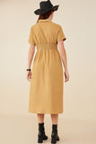 HY9055 Camel Womens Pintucked Waist Button Up Corduroy Dress Side