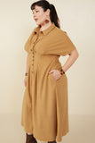 HY9055W Camel Plus Pintucked Waist Button Up Corduroy Dress Gif