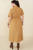 HY9055W Camel Plus Pintucked Waist Button Up Corduroy Dress Front