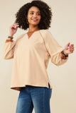 HY9075 Camel Womens Contrast Detail Brushed Striped Knit Sweatshirt Pose