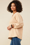 HY9075 Camel Womens Contrast Detail Brushed Striped Knit Sweatshirt Full Body