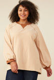 HY9075W Camel Plus Contrast Detail Brushed Striped Knit Sweatshirt Front