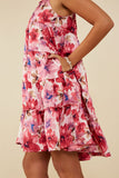 HY9082 Pink Womens Satin Floral Tiered Tank Dress Full Body