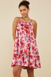 HY9082 Pink Womens Satin Floral Tiered Tank Dress Back