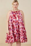 HY9082 Pink Womens Satin Floral Tiered Tank Dress Pose