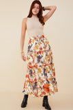 HY9115 Rust Womens Textured Floral Contrast Merrowed Tiered Skirt Back