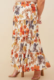 HY9115 Rust Womens Textured Floral Contrast Merrowed Tiered Skirt Full Body